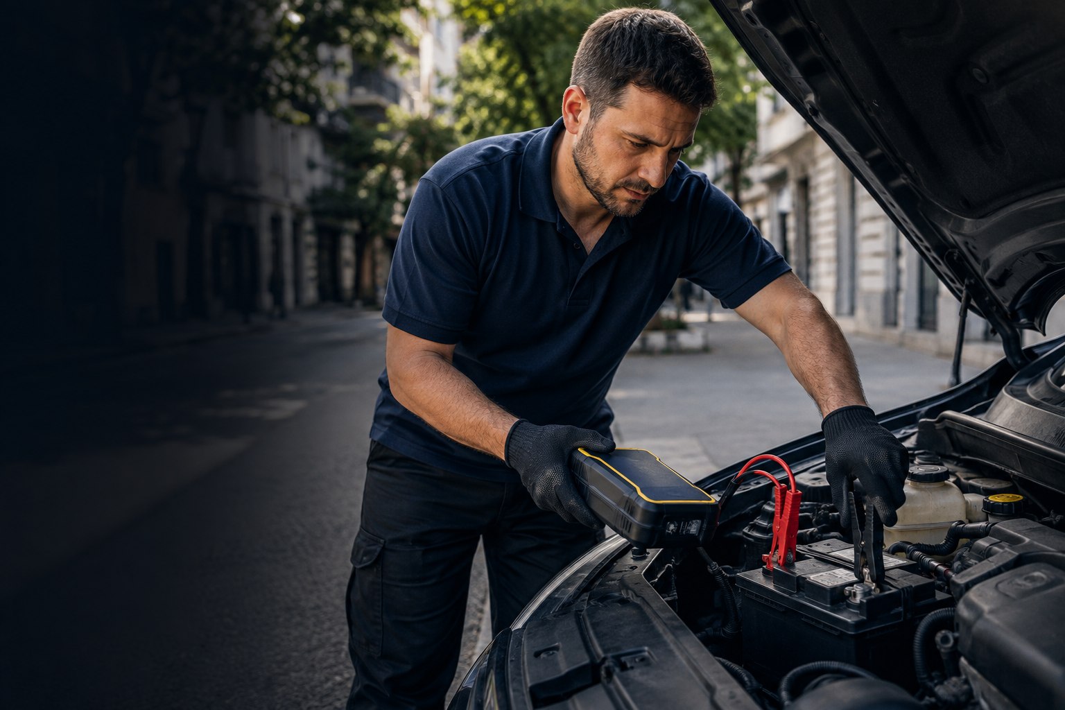 Técnico realizando un arranque de batería a domicilio con un equipo portátil