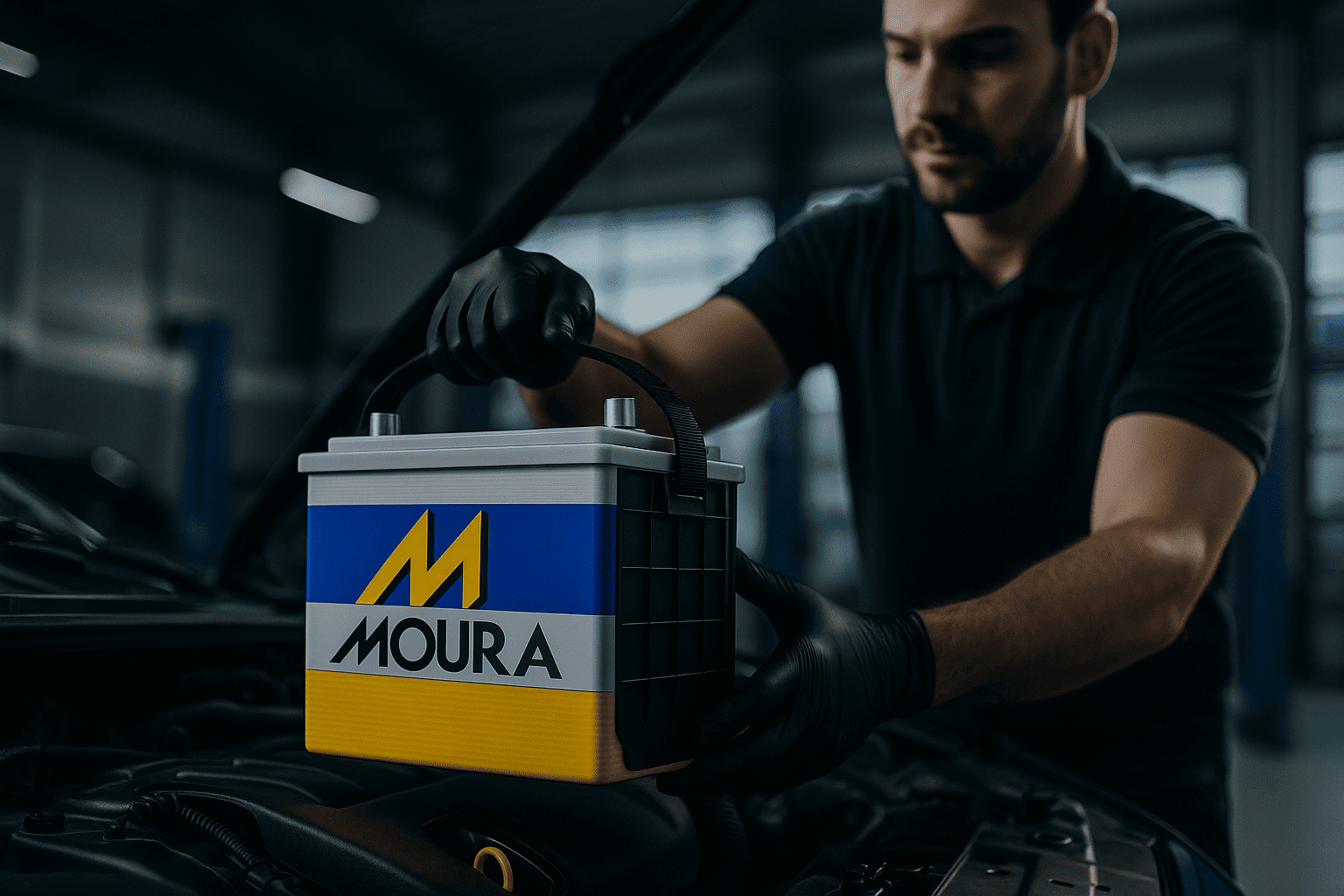 Técnico cambiando una batería de auto